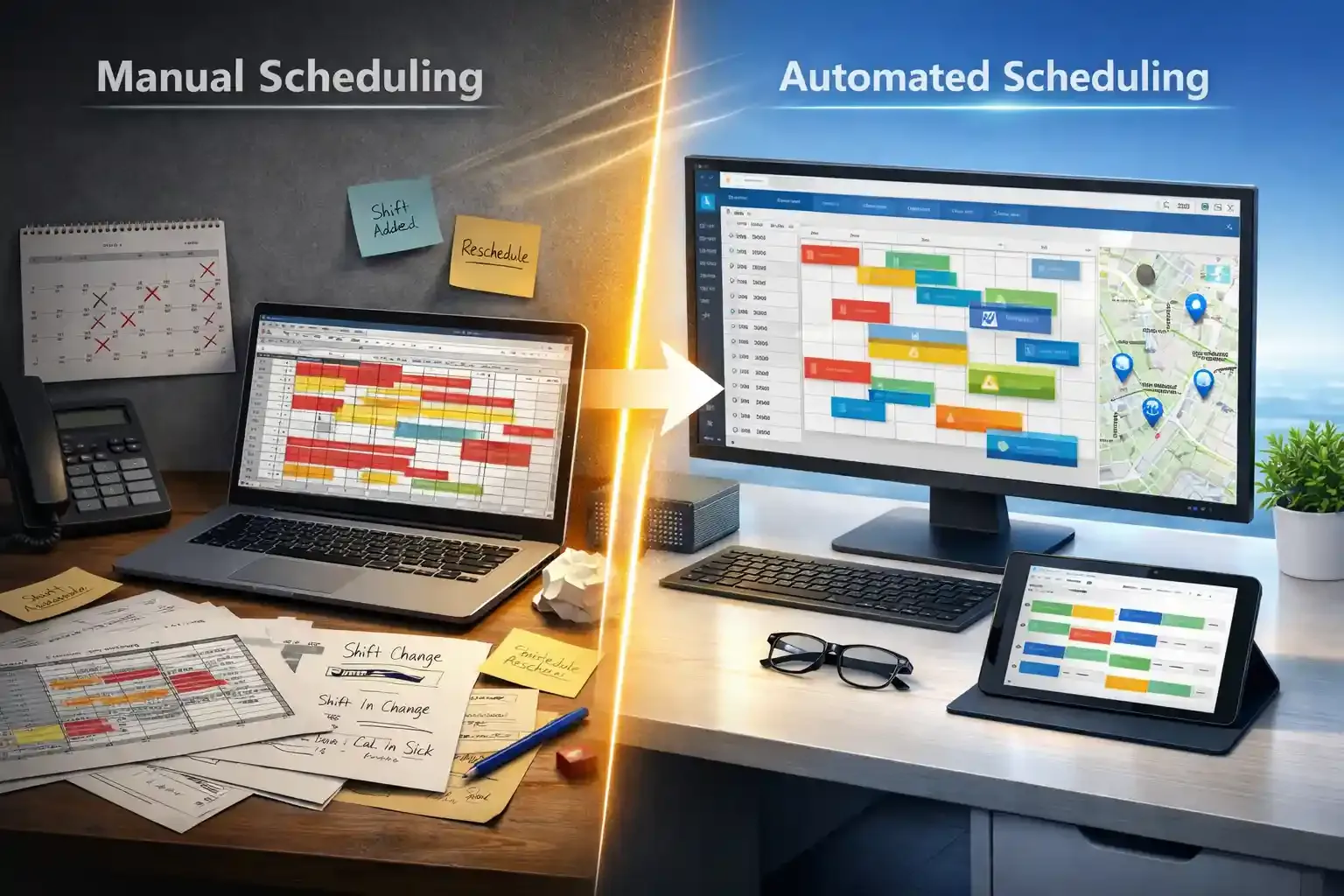 Split-screen: messy manual scheduling vs clean automated dashboard system